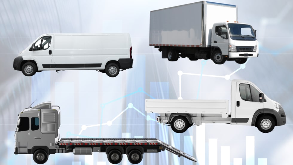 A collage of white trucks. 