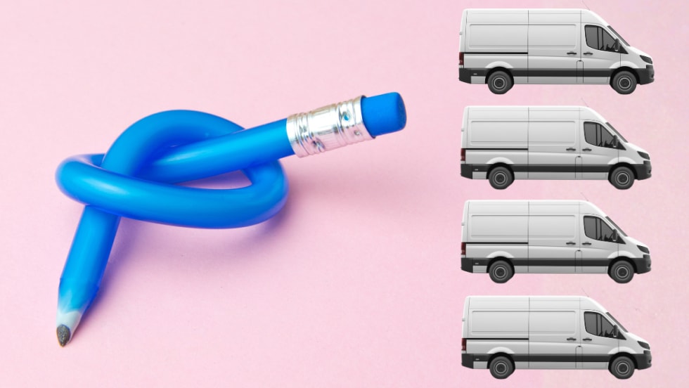 Conceptual photo of twisted pencil and cargo vans. 