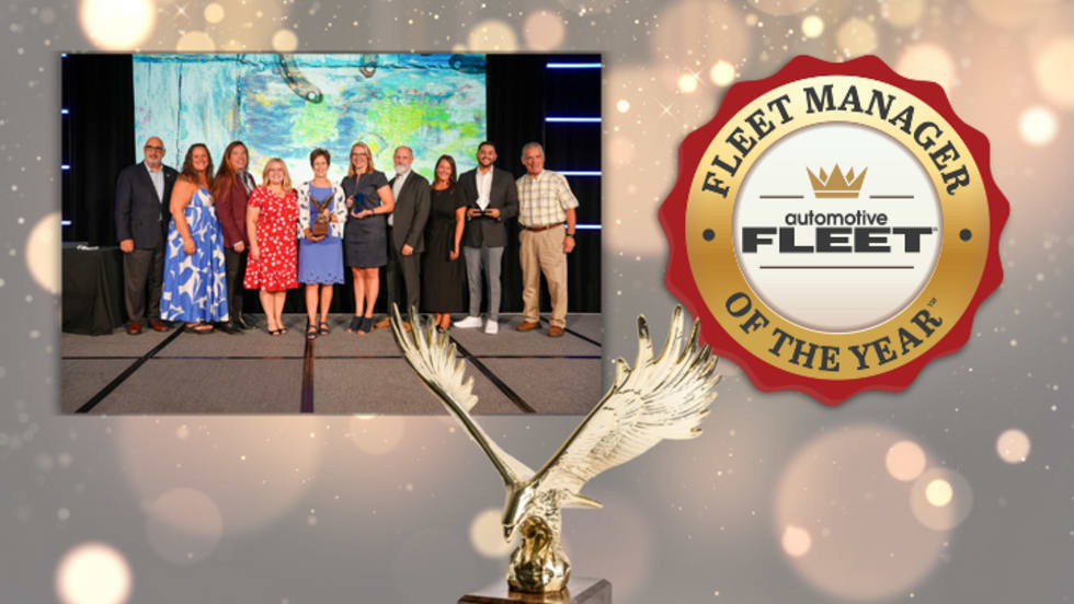 Graphic of fleet manager of the year winners, trophy, logo.