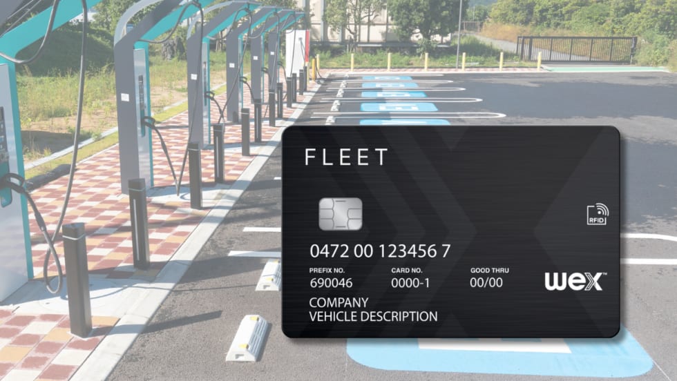 graphic of a fleet card with EV chargers in background