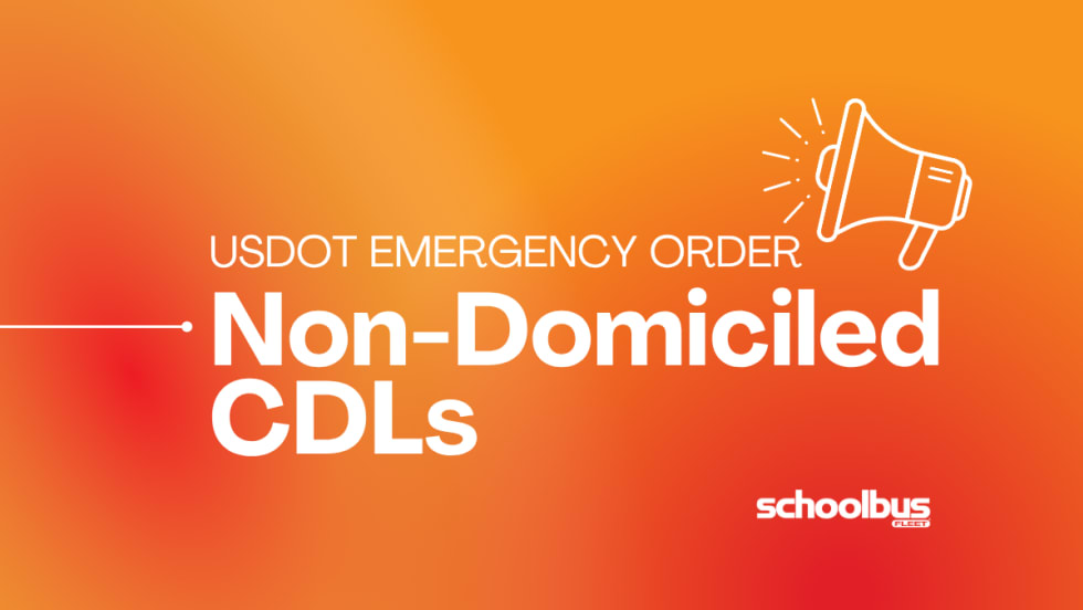 An orange and red graphic with white text reading "USDOT Emergency Order, Non-Domiciled CDLs."