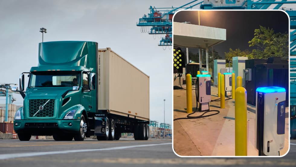 Volvo VNR Electric Tractor-Trailer with inset of Heliox EV chargers