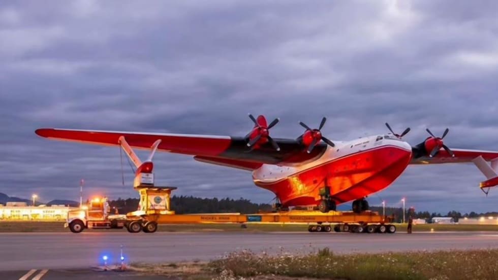 Western Star truck hauling a World War II Martin Mars bomber.