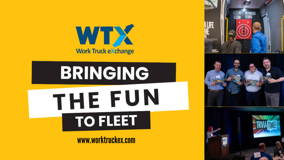 Work Truck Exchange Bringing the Fun to Fleet with axe throwing, four men holding hot wheels, and a trivia lunch. 