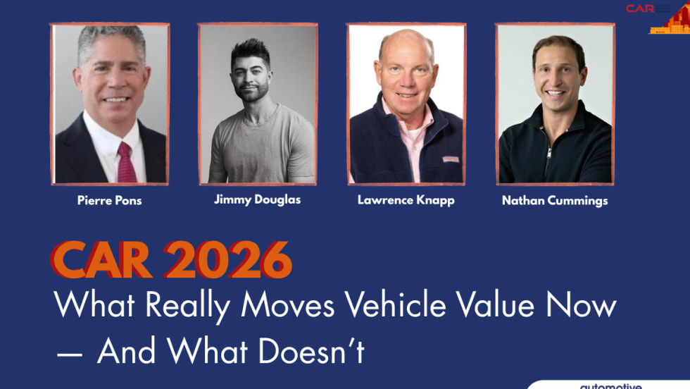 Graphic promoting a CAR 2026 conference session showing four speaker headshots above the title “What Really Moves Vehicle Value Now — And What Doesn’t” with automotive conference branding