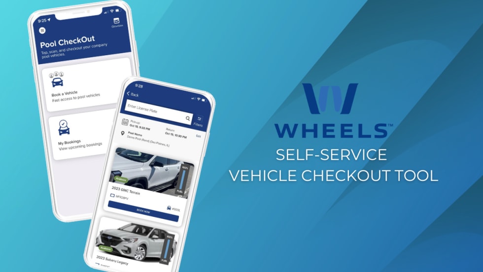 A graphic shows two cell phone screens displaying the Pool CheckOut app, with one showing the choice to book a vehicle or check current bookings, and the other showing available vehicle options.