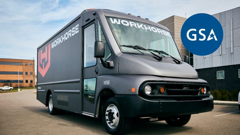 A dark gray Workhorse step van is shown.