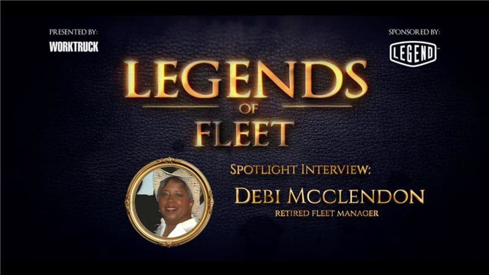 Legends of Fleet thumbnail with portrait of Debi McClendon. Text reads “Spotlight Interview: Debi McClendon, retired fleet manager.” Presented by Work Truck, sponsored by Legend.
