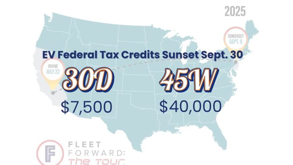 Map of the U.S. showing EV federal tax credits ending September 30, 2025, with $7,500 credit for 30D and $40,000 credit for 45W. Includes event markers for Irvine, July 22, and Somerset, September 9.