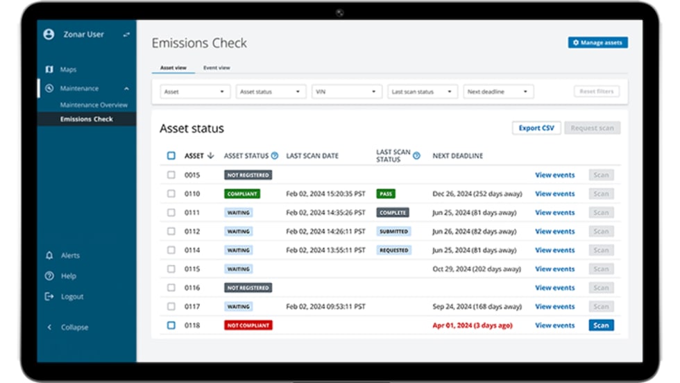 Zonar telematics emissions dashboard.