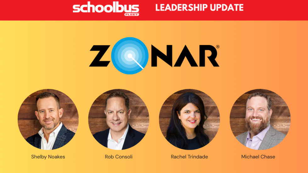 Headshots of Shelby Noakes, Rob Consoli, Rachel Trindade, and Michael Chase featured in a Zonar leadership update graphic from School Bus Fleet.