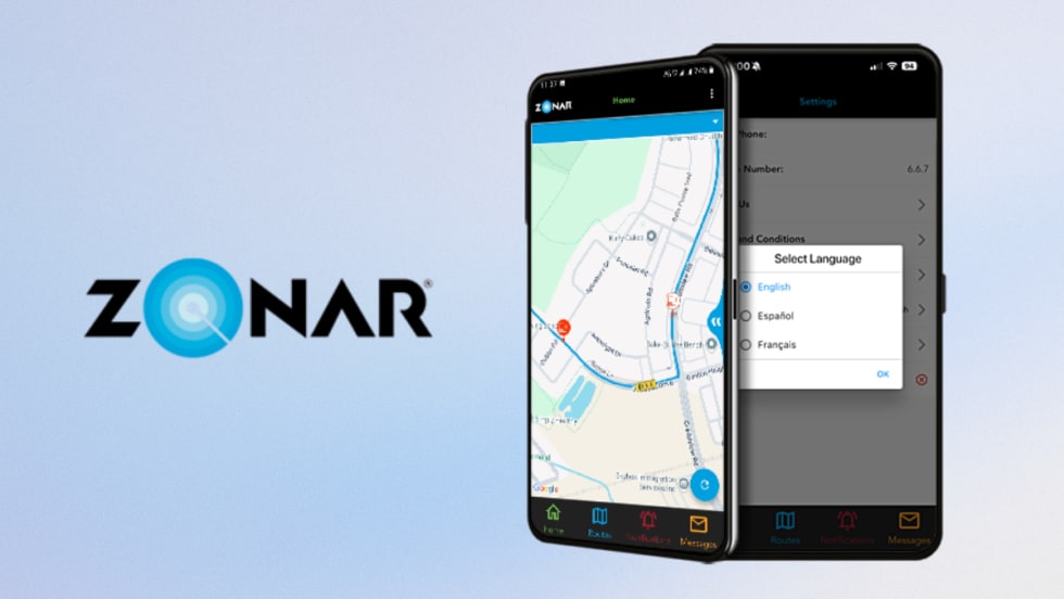 Zonar Bus Suite app shown on smartphones with map tracking and language selection options, highlighting multilingual support for school transportation updates.
