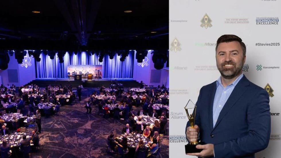 Overhead view of the awards gala and a photo of a Zubie exec with an award.