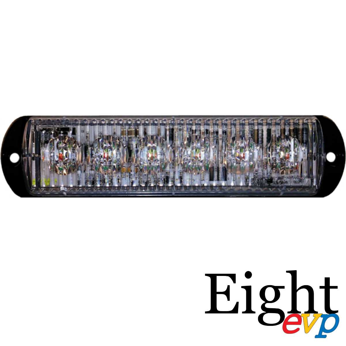   Cyclone mini light bar. A Slim 8-LED clear-lens emergency strobe light bar — compact, high-intensity warning lamp ideal for vehicles, trailers, and worksite safety applications.Eight evp logo in lower right 