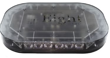 Low-profile oval LED light bar with smoked clear lens and visible multi-LED array - compact, durable vehicle or emergency rooftop warning and work light. The Eight evp logo is etched in the top of lens. 