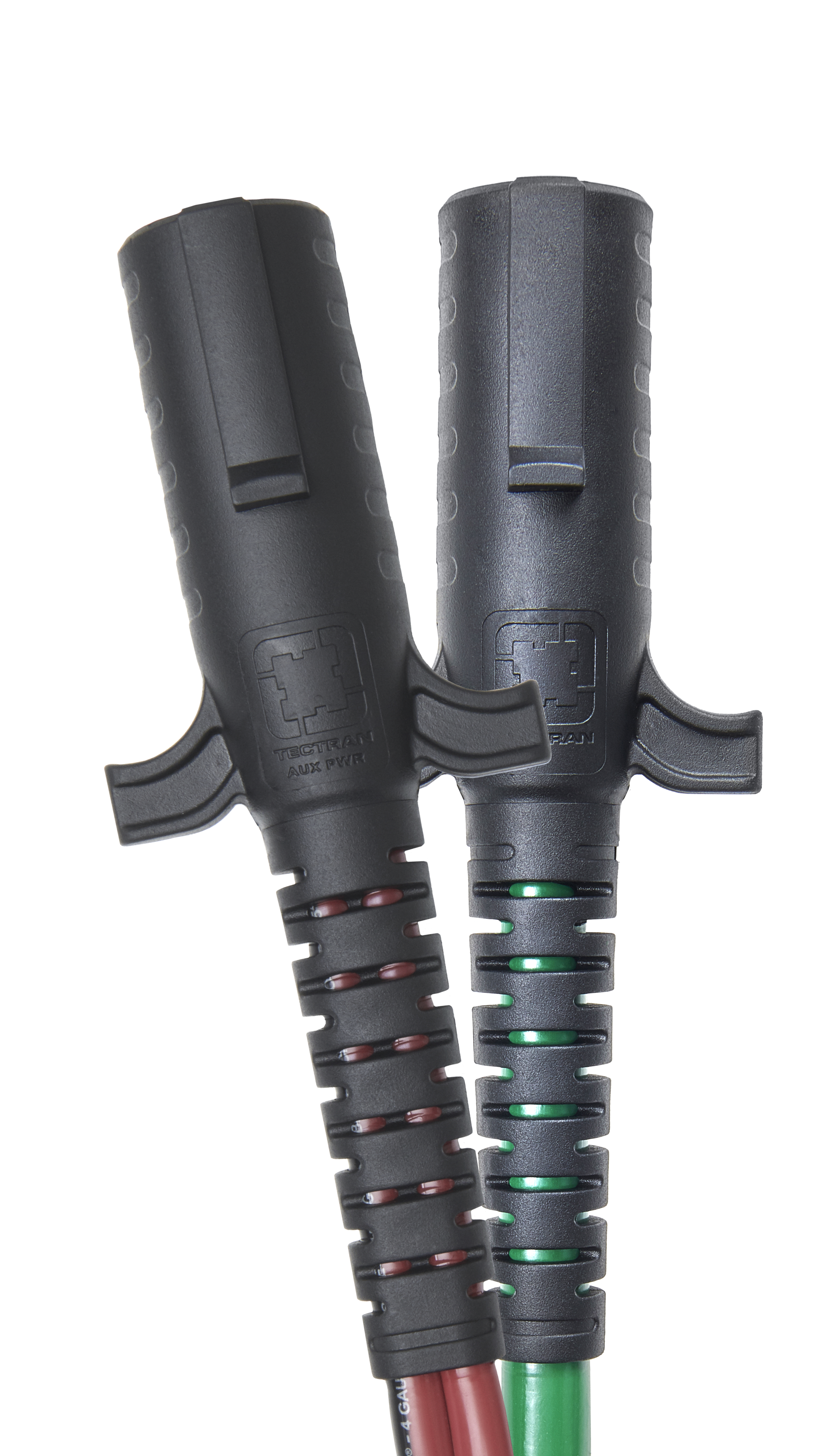 Two heavy-duty electrical connectors with ergonomic black rubber grips and ribbed strain reliefs, featuring red and green spiral wire guides. Each connector is marked with the brand "Tectran" and has integrated thumb grips for easy handling.