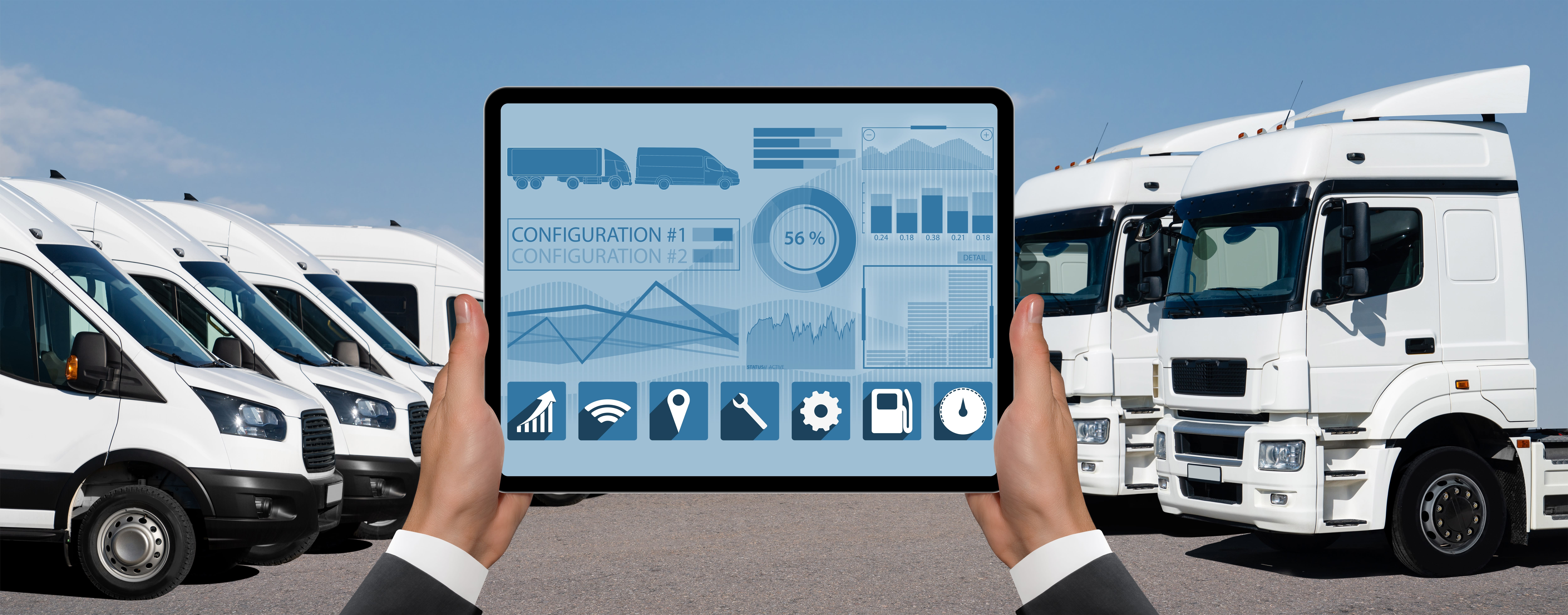 Composite image of hands holding a tablt with GPS tracking software on the screen. Fleet of white trucks and vehicles in the background on either side of the tablet