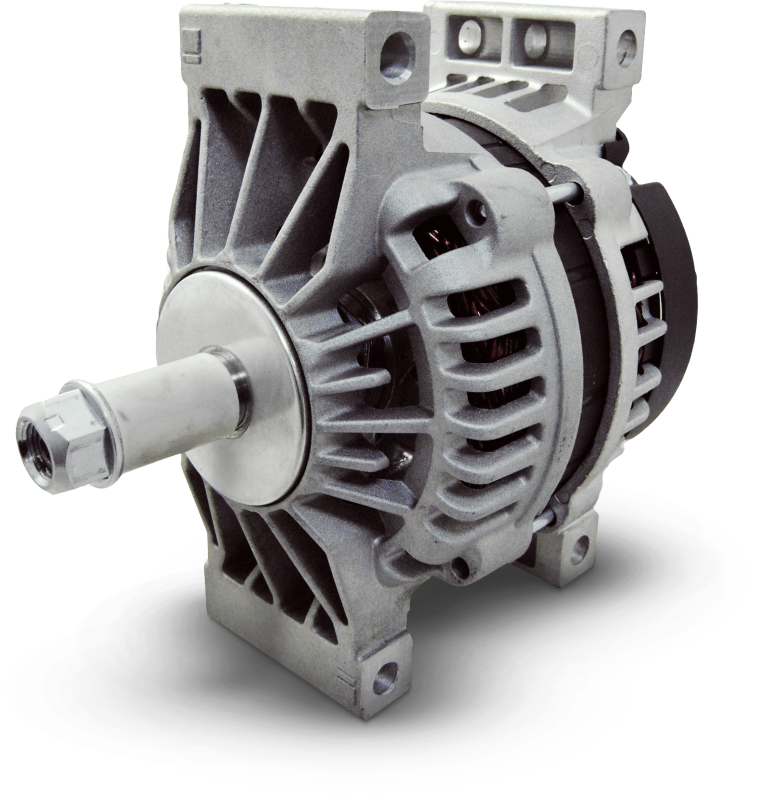WAI Global high-performance automotive alternator with rugged aluminum housing, cooling fins and exposed pulley shaft—durable replacement for reliable vehicle charging.