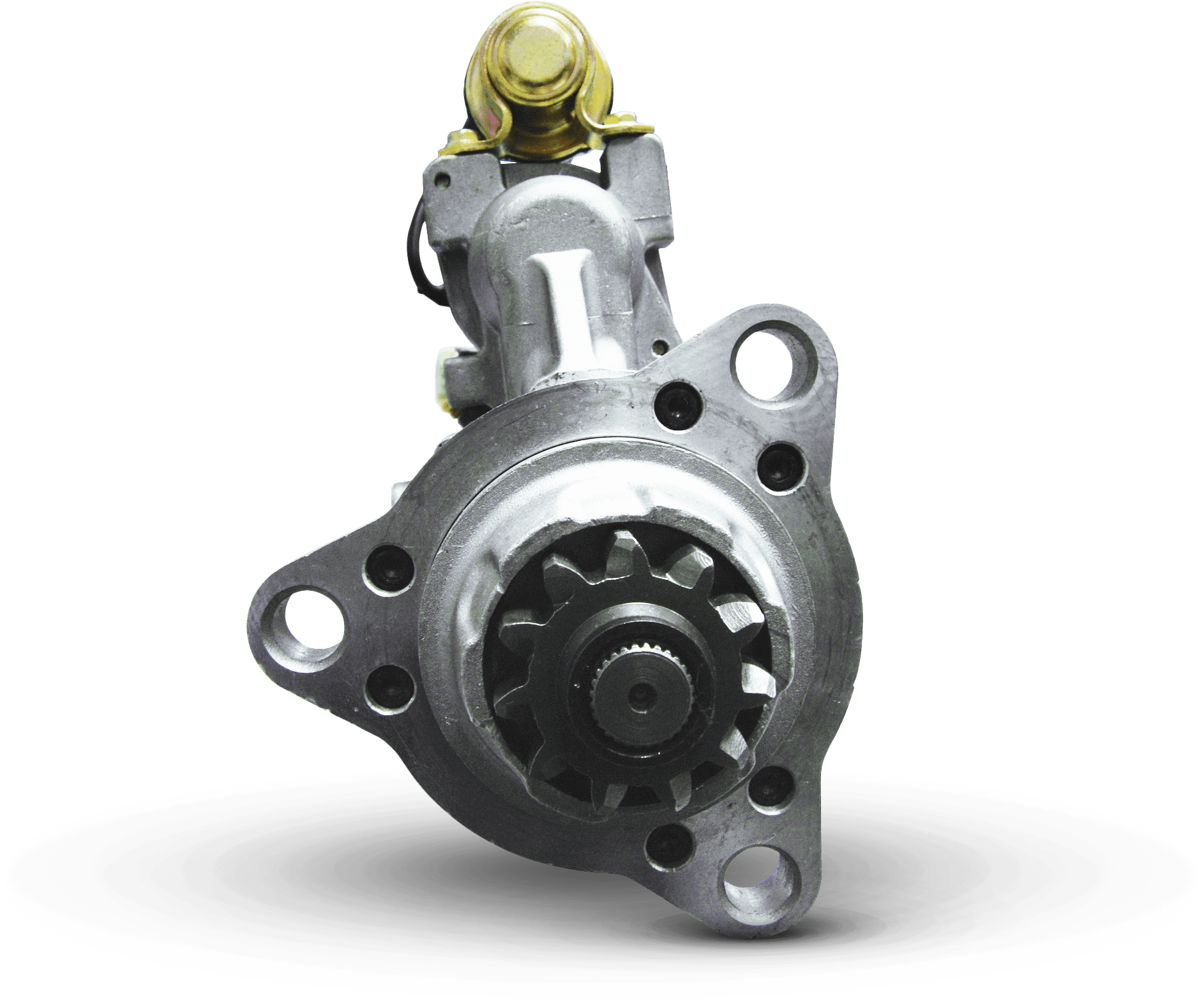 WAI Global heavy duty starter motor drive gear in silver with three-hole mounting flange on a black backdrop, showcasing machined metal texture.