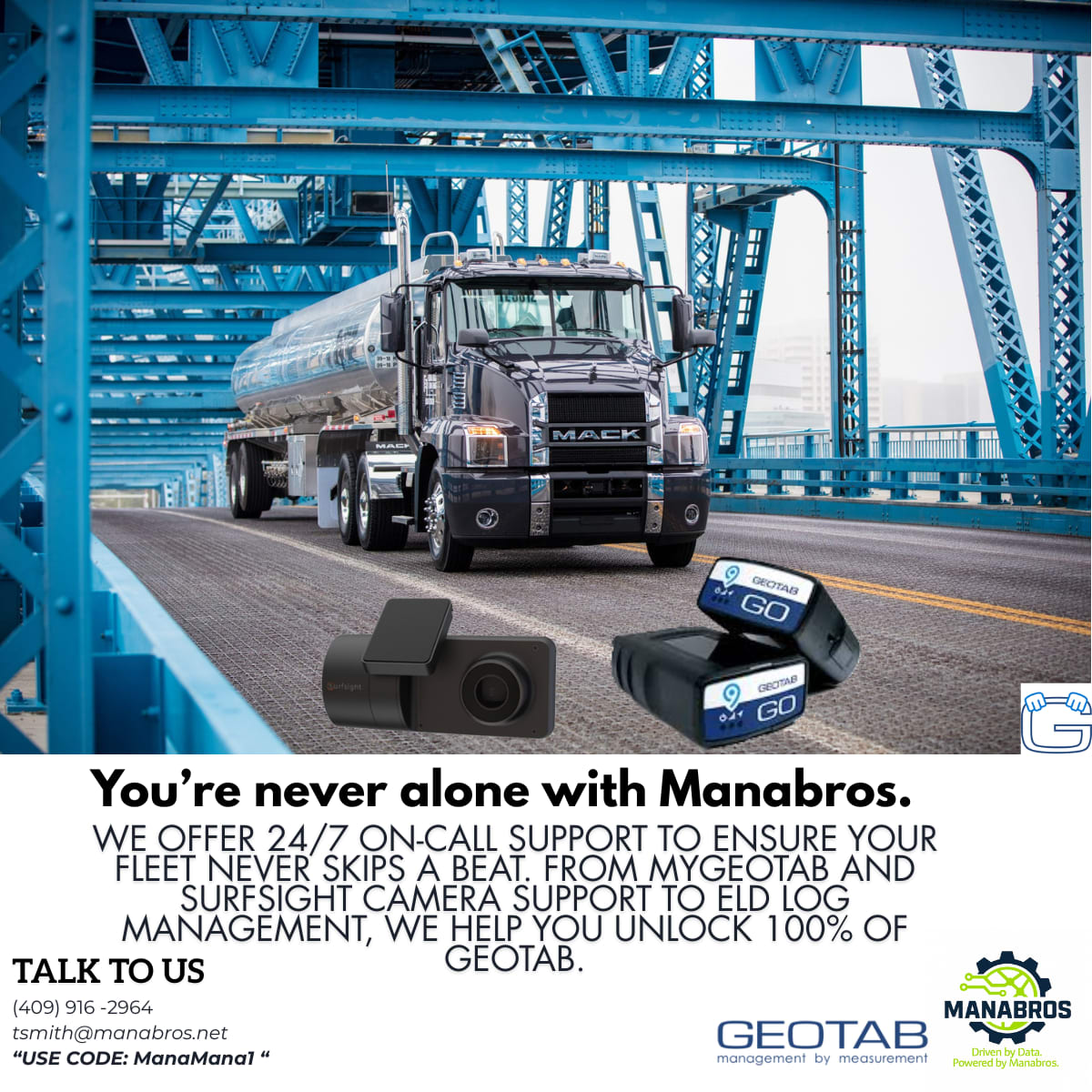 A tanker truck drives across a blue steel bridge with Geotab GO devices and a Surfsight dash camera displayed in the foreground. Promotional banner for Manabros offering 24/7 fleet telematics support with Geotab and Surfsight integration.