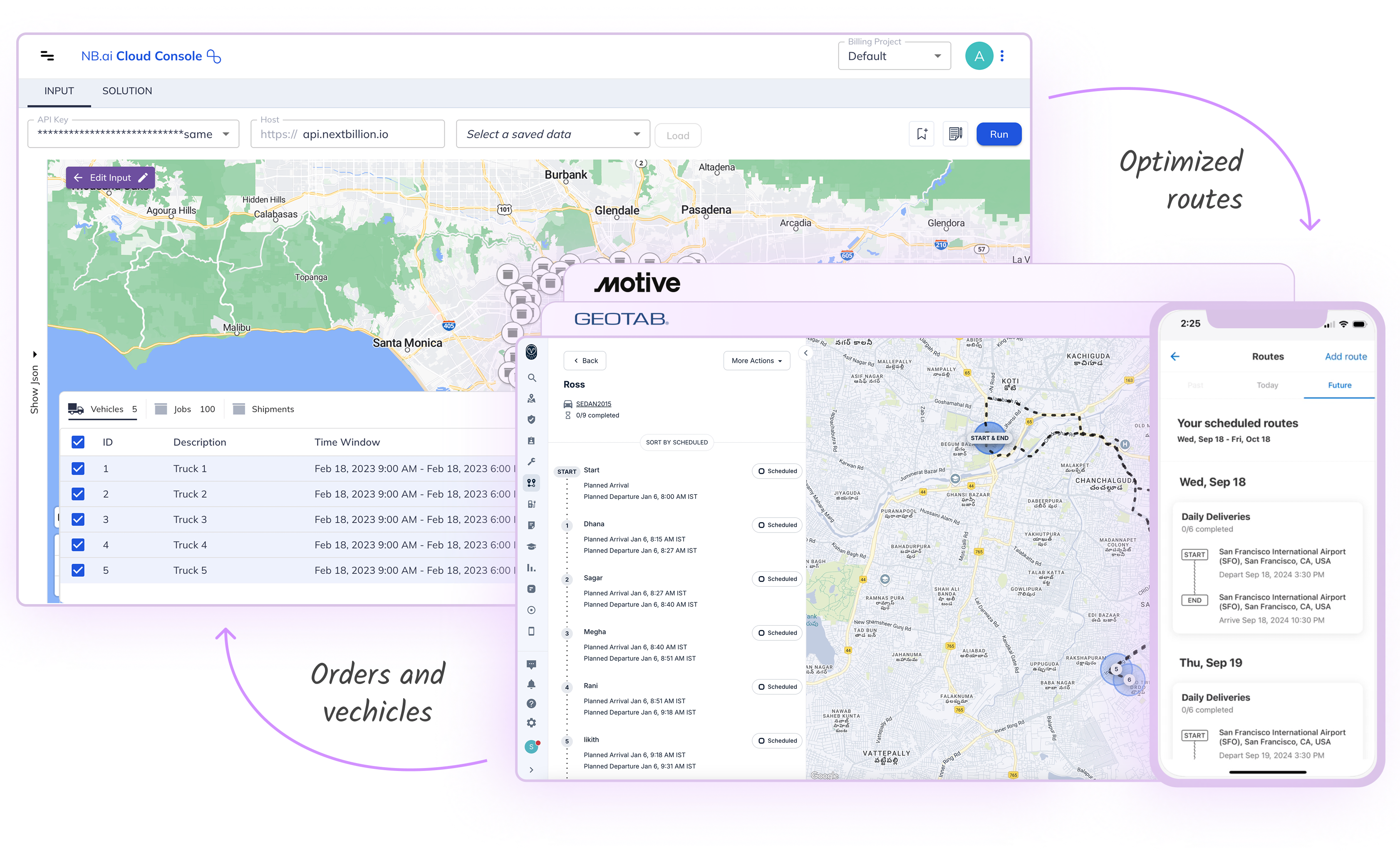 Two screenshots pf the NextBillion.ai route optimization software in a web brower view and mobile device app view. Web page and app are labeled Optimized Route.  Web page in front contains a map visual with route text description and has tabs above with Geotab and Motiv logos . Mobile page view contains route schedule overview.  Web page in back is labeled orders and vehicle and contains a map for tracking and list view of orders. 