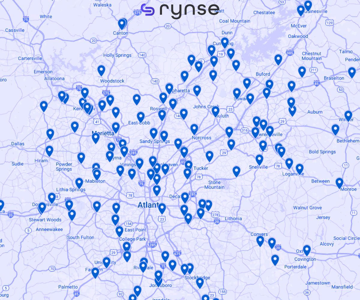 Rynse interactive metro Atlanta map dotted with dozens of blue location pins, showing dense business and service coverage across city and surrounding suburbs.