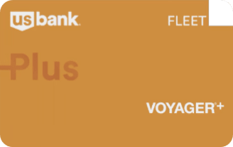 A gold-colored U.S. Bank Fleet Voyager Plus card featuring the U.S. Bank logo in white at the top left, the word “FLEET” in the top right corner, and “Plus” and “VOYAGER+” prominently displayed across the front.
