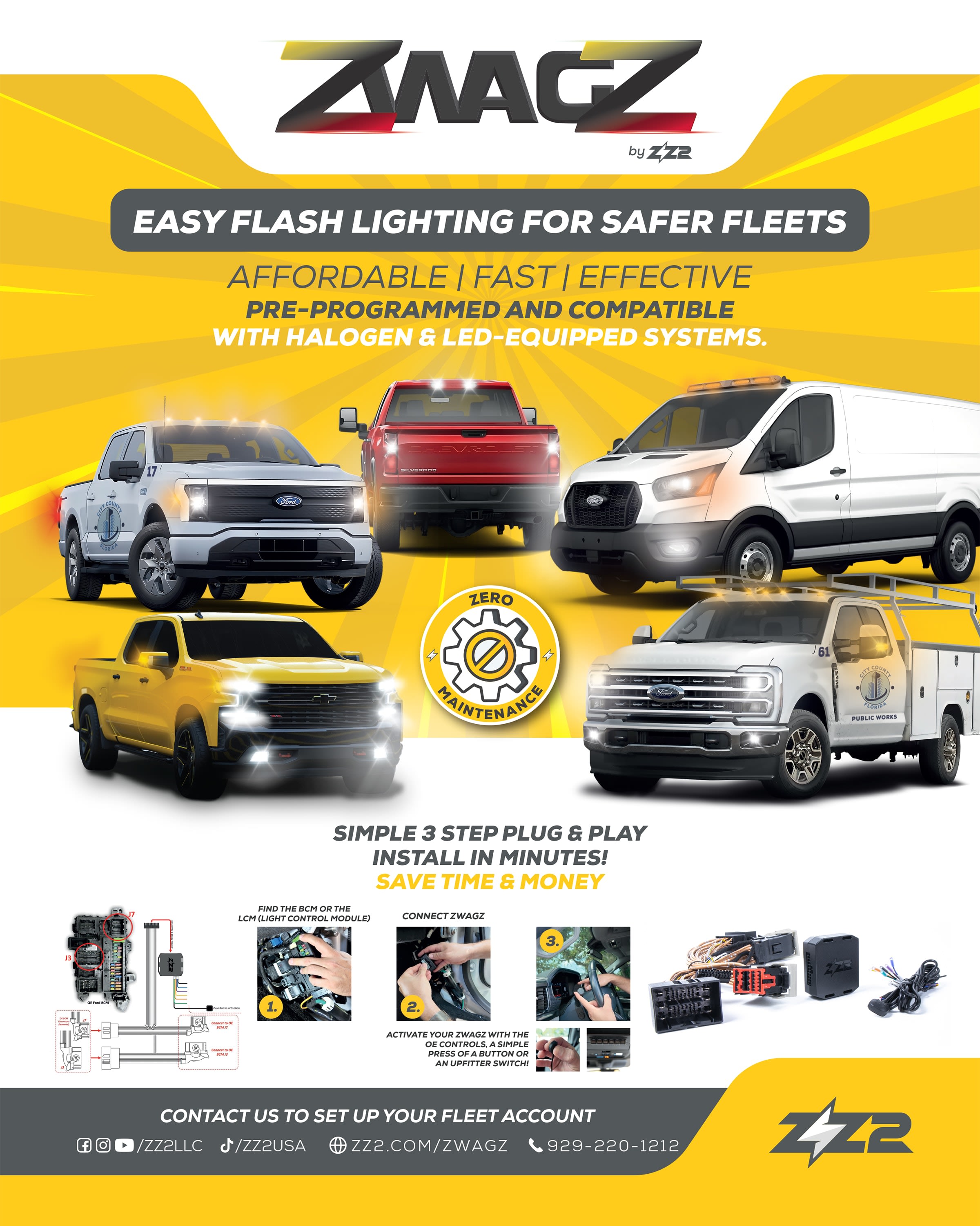 Promotional poster for ZWAGZ by ZZ-2, featuring the tagline “Easy Flash Lighting for Safer Fleets.” The yellow and gray design highlights multiple vehicles including pickup trucks, vans, and a utility truck equipped with flashing lights. The image emphasizes affordable, fast, and effective plug-and-play installation compatible with halogen and LED systems. A large “Zero Maintenance” badge is displayed in the center, with a three-step installation diagram shown below, illustrating how to locate the control module, connect ZWAGZ, and activate flashing lights. The bottom section includes ZZ-2’s website, contact information, and social media icons.