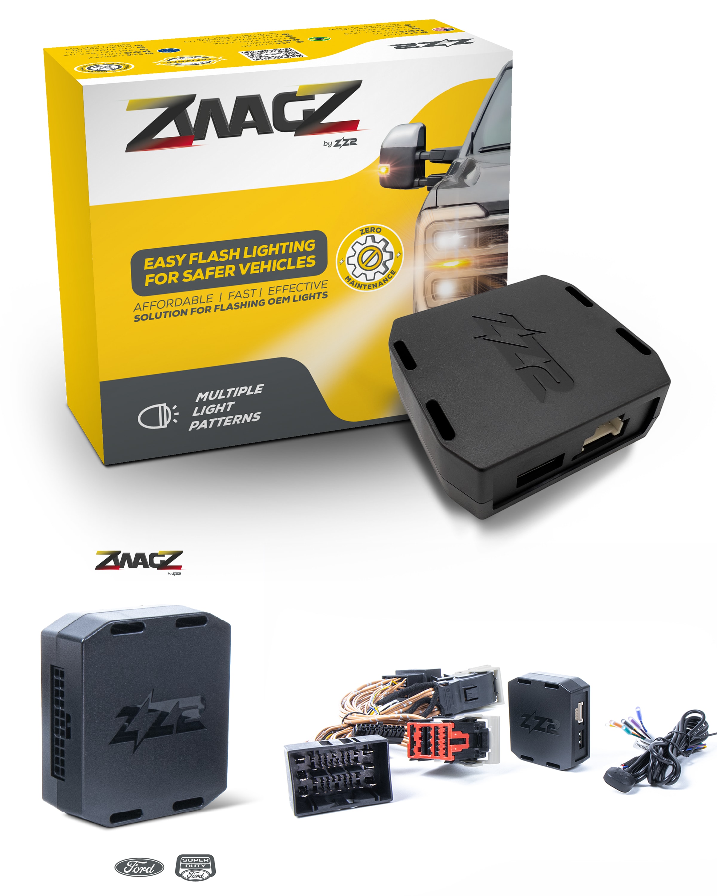 ZWAGZ product image features product in package and out of package with photos of lighting components. 