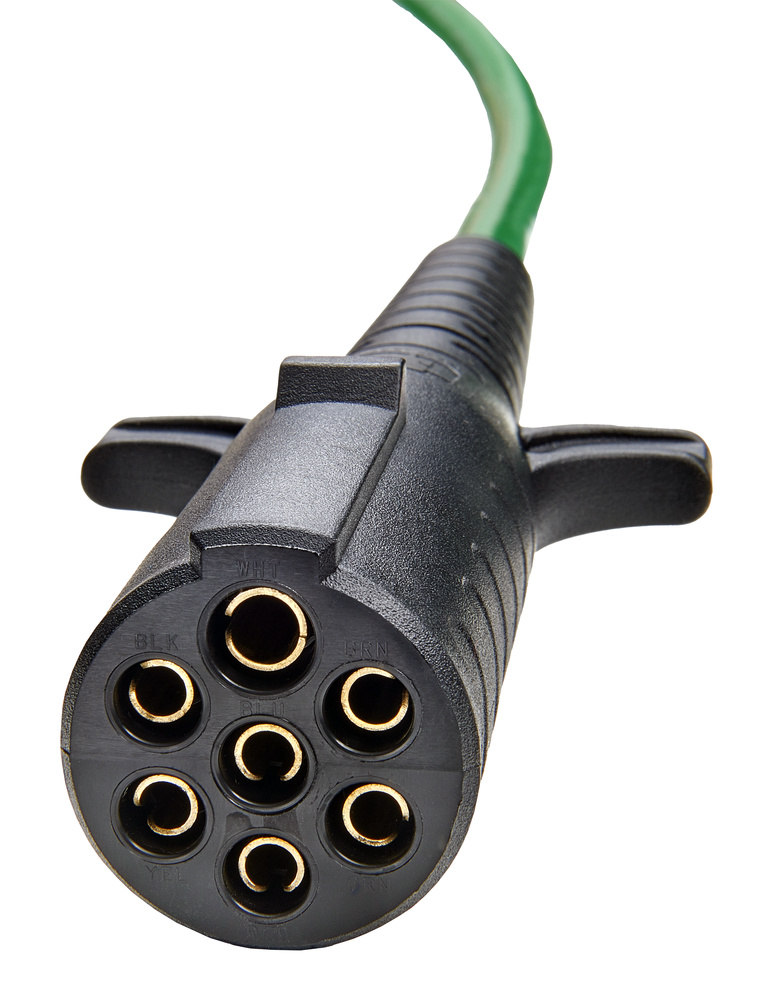 A 7-way round pin electrical connector with a black rubberized housing and a green power cable. The connector features gold-plated terminals inside a circular pattern, labeled by wire color (WHT, BLK, BRN, etc.), and has ergonomic grips for secure connection.
