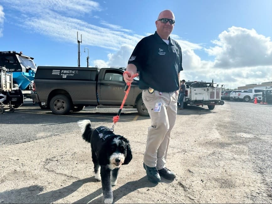 Security officer walking black and white dog in parking lot with work trucks
