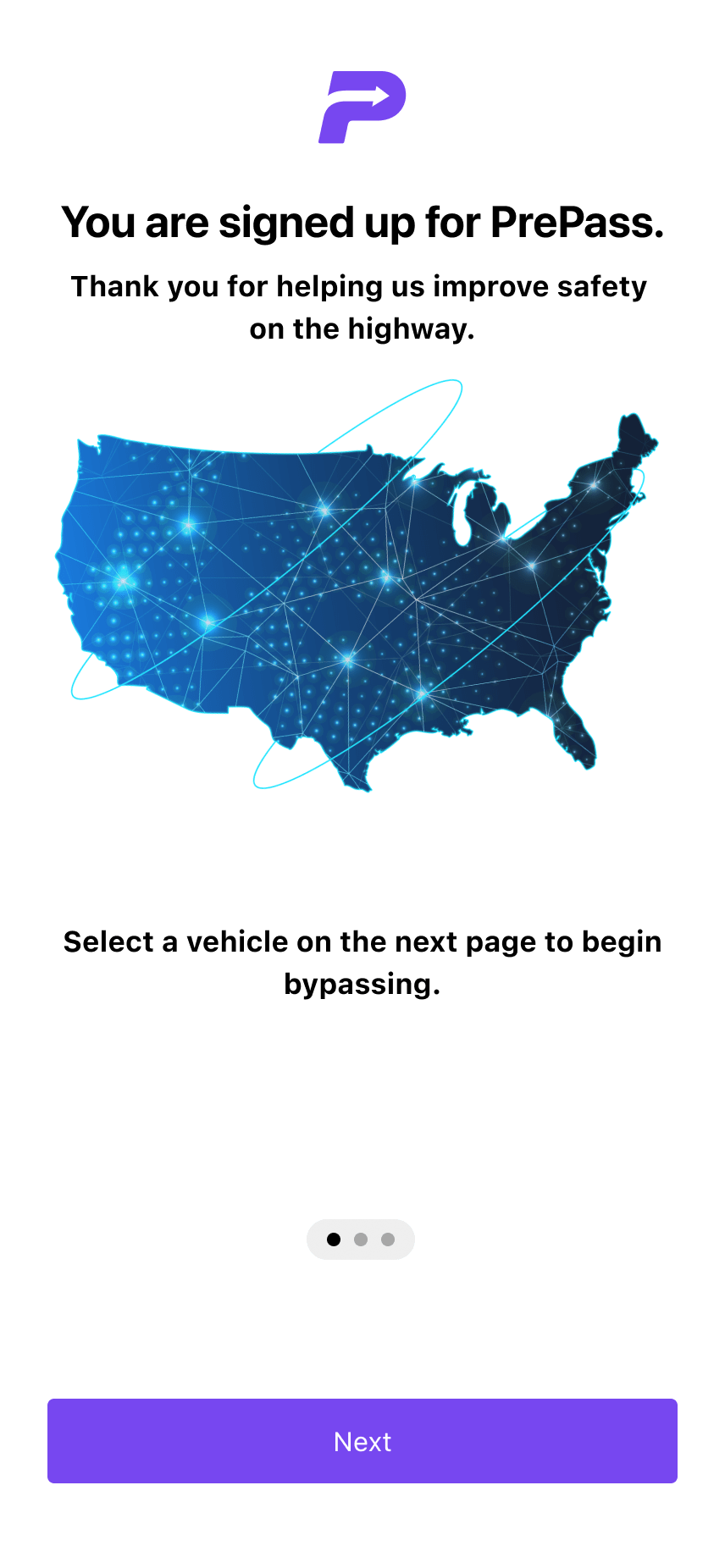 PrePass mobile view sign up screen showing a glowing network map of the USA, confirmation text about highway safety and a purple "Next" button to continue.