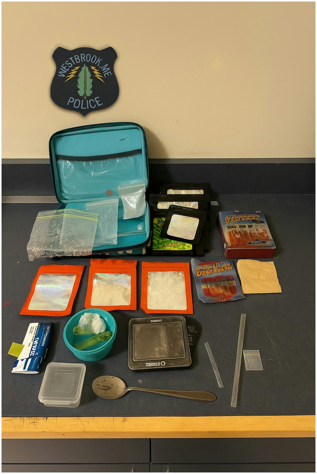 Westbrook Police Department evidence display with seized items and police patch