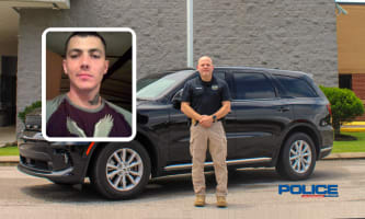 Photo of a police officer standing in front of a black unmarked vehicle, inset photo of a young man top left, and POLICE logo lower right.
