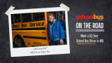 School Bus Fleet graphic on a chalkboard background with a taped Polaroid photo of Connie Duff by a Palmer Bus Service bus and text “ON THE ROAD.” Subtitle: “Meet a 53-Year School Bus Driver in MN.”