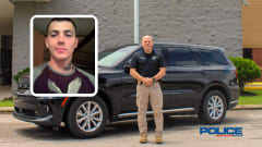 Photo of a police officer standing in front of a black unmarked vehicle, inset photo of a young man top left, and POLICE logo lower right.