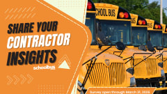  a row of school buses with text next to it in an orange box that says "Share your contractor insights" and the school bus fleet logo