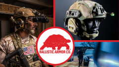 three background images - man in tactical gear, image of ballistic helmet, photo of police officer in tactical gear approaching a car, and a circle with logo for Ballistic Armor Co.
