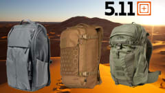Three tactical backpacks set against a desert background with an inset logo for 5.11.