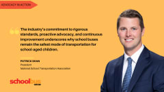 National School Transportation Association President Patrick Dean quote graphic on yellow background about rigorous standards, advocacy, and improvement keeping school buses the safest transportation for kids.