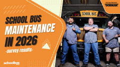 three school bus maintenance staff stands in front of a school bus next to text that reads "school bus maintenance in 2026 survey results" with the SBF logo