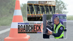Illustration with safety cones in background, Roadcheck logo, cargo tiedowns, and officer checking driver logs