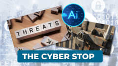 Cyberstop column header depicting images related to threats, AI, and a locked cargo container