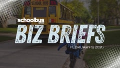 Children run toward a stopped yellow school bus on a residential street as a graphic overlay reads “School Bus Fleet Biz Briefs” with the date February 9, 2026, promoting an industry business news roundup.
