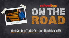 School Bus Fleet “On the Road” graphic on a chalkboard background with a taped Polaroid photo of Connie Duff by a Palmer Bus Service bus and large text “ON THE ROAD.” Subtitle: “Meet Connie Duff, a 53-Year School Bus Driver in MN.”