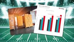 Illustration of football stadium with bar graph and freight on dock