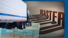 Illustration with truck, driver hours of service logs, and the word disaster