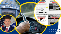  Illustration showing a driver behind the wheel, DOT offices, and examples of problematic non domiciled CDL