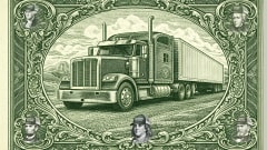 Illustrated semi truck framed like a dollar bill, symbolizing the trucking industry’s role in the U.S. economy and freight movement.