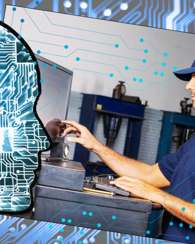 Conceptual Illustration of artificial intelligence in a truck maintenance shop